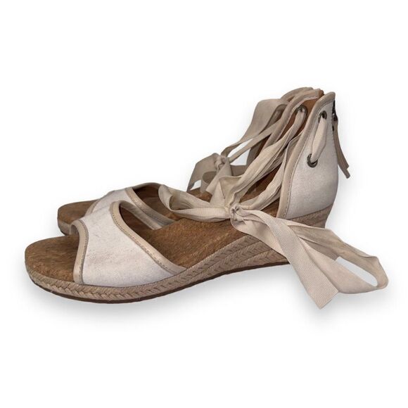 UGG Australia Amell Open Toe Canvas Lace-up Wedge Cream 1014955 Women's 7 - Picture 2 of 10